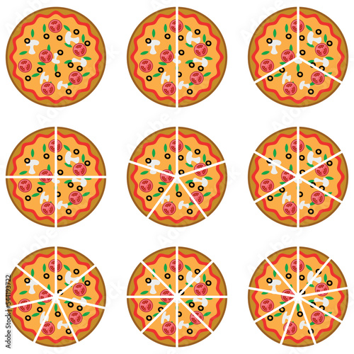 Fraction pizzas. Fraction for kids. Pizza slices. Fraction fun with pizza. vector illustration isolated on white background.