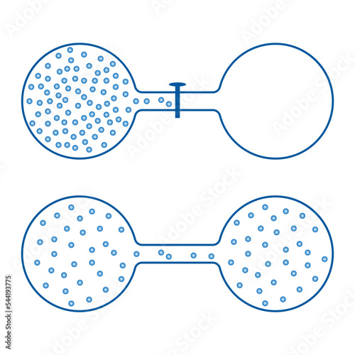Expansion of an ideal gas into an evacuated bulb. Scientific vector illustration isolated on white background.