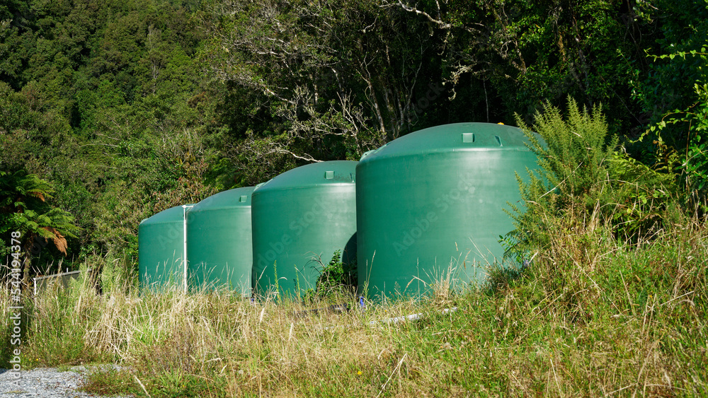 Obraz premium Water storage tanks, Aotearoa / New Zealand.