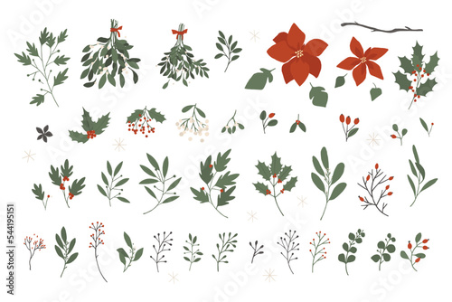 Big set of Christmas and Winter holidays hand-drawn florals and herbs in vector. Poinsettia star, jolly leaves, mistletoe berries, pine cones, fir brunches, christmas tree. Isolated on white.