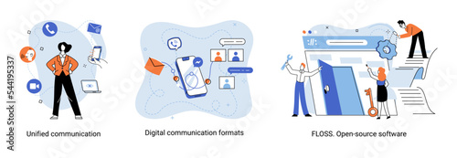 Word cloud of software related items. Digital communication formats, floss, open source software. Unified conversation modern technology. Ways interaction with gadgets, messages and email. E-learning