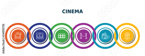 editable thin line icons with infographic template. infographic for cinema concept. included cinema chair, people watching a movie, theatre seats, cinema borders, film viewer, award icons.