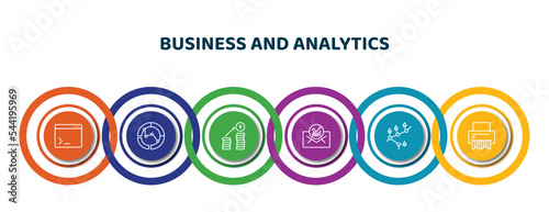 editable thin line icons with infographic template. infographic for business and analytics concept. included terminal, merge charts, revenue, email analytics, mortgage statistics, shredder icons.