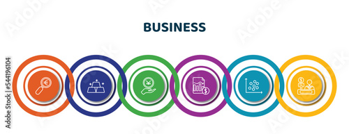 editable thin line icons with infographic template. infographic for business concept. included euro under magnifier, ingot, yen coin on hands, profit report, scatter chart, bank teller icons.