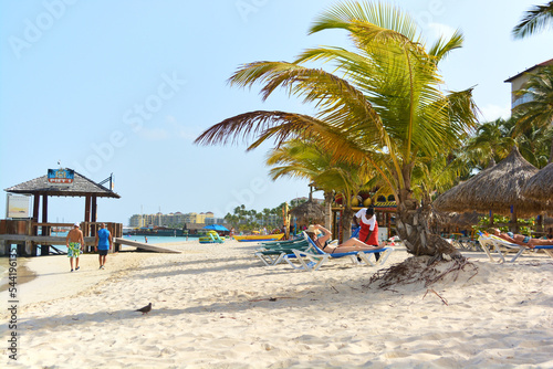 A view on Palm Beach in Aruba. White sand, palms and azure Caribbean Sea. Space for copy. 