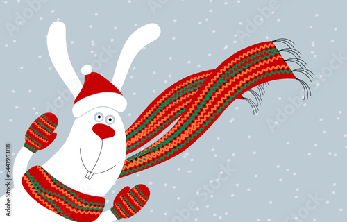 Portrait of cute happy smiling white bunny or hare wearing Santa claus red hat, mittens and scarf on snowing christmas background. Editable flat style vector illustration