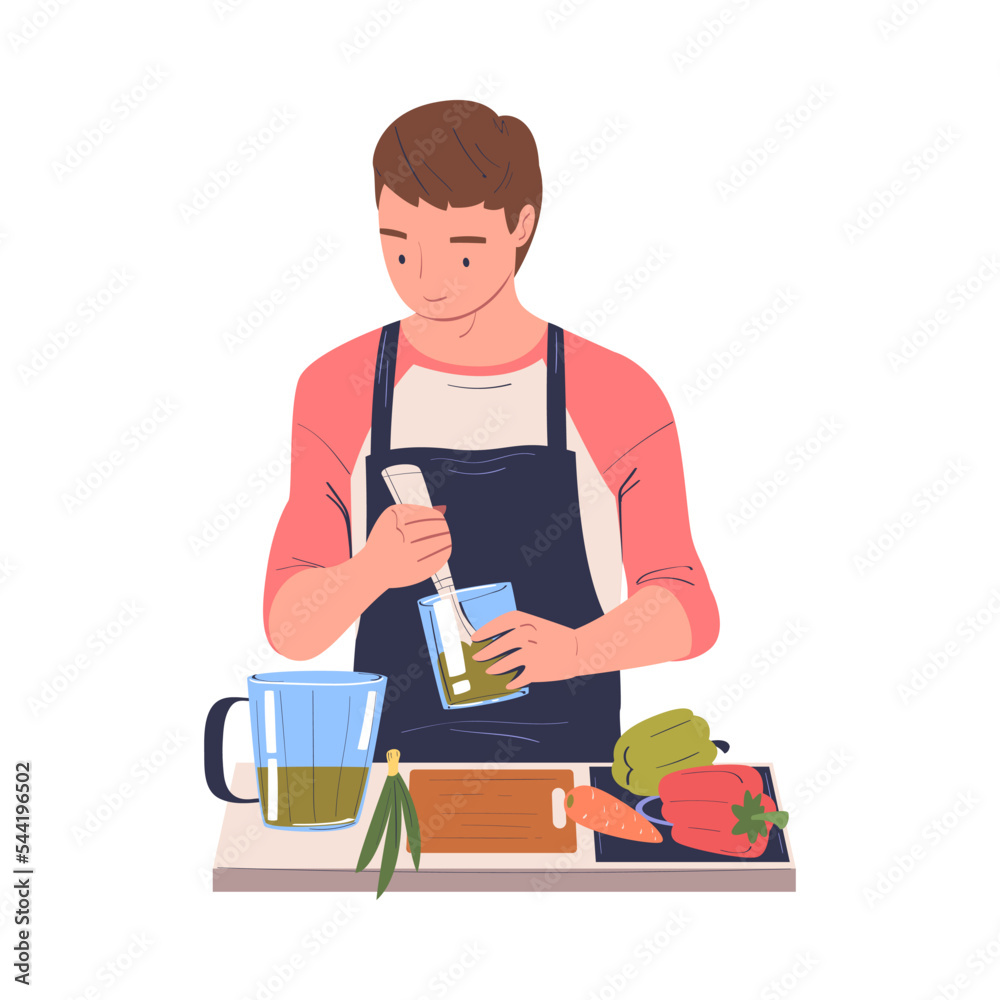 Man Character Cooking at Home Standing at Table Mixing Sauce in Cup Vector Illustration Man Character Cooking at Home Standing at Table Mixing Sauce in Cup Vector Illustration