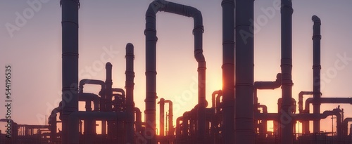 Foto Large industrial gas pipelines in a modern refinery at sunrise 3d render