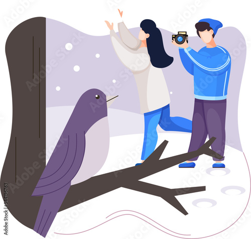 Observation of animals in wild. Ecologists scientists conduct research, take care of fowl and nature. Researcher study flora fauna and environment. Professional ecological activist photographing bird