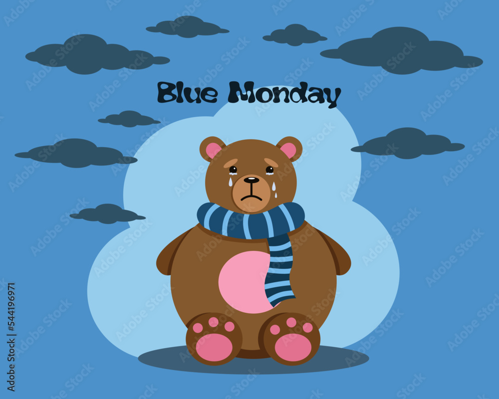 Fototapeta premium Blue Monday vector illustration card with crying bear