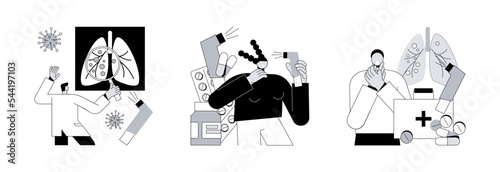 Respiratory illness abstract concept vector illustration set. Bronchial asthma diagnosis, treatment and medicine, shortness of breath, breathing attack, allergy cough, healthcare abstract metaphor.