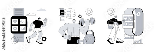 Activity tracking abstract concept vector illustration set. Healthcare trackers wearables and sensors, smart training, smartwatch health care, fitness coaching application, fat loss abstract metaphor.