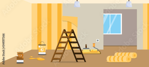 Vector illustration of modern rooms being renovated. Cartoon interior with wallpapering, glue, paint, stairs, rollers, brushes, empty rooms.