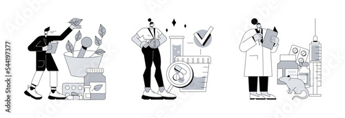 Pharmaceutical business abstract concept vector illustration set. Homeopathy, performance drugs, animal testing of medicines, anabolic steroids, holistic approach, natural drug abstract metaphor.