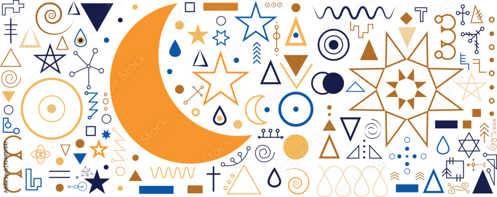 Fototapeta premium Collection of aesthetic and modern Astrology minimalistic linear illustrations of the sun, moon, stars, geometric elements