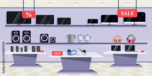 Vector illustration of modern interior home appliances store. Cartoon interior with counters and shelves with monitors, electric kettles, speakers, headphones, phones, laptops.
