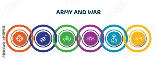 editable thin line icons with infographic template. infographic for army and war concept. included gun shooting, dynamite, army car, brigade, conscription, helicopter icons.