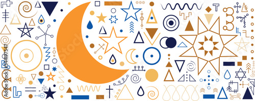 Collection of aesthetic and modern Astrology minimalistic linear illustrations of the sun, moon, stars, geometric elements