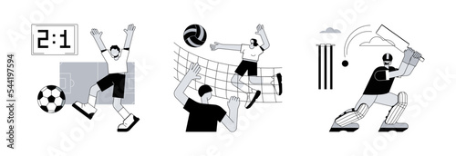 Team tournament abstract concept vector illustration set. Football and volleyball competition, cricket championship, sports betting, professional team, playground field, stadium abstract metaphor.
