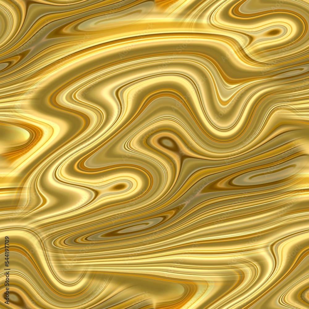 Beautiful seamless golden abstraction with curved lines and streams of liquid gold. Yellow background of liquid gold. A puddle of liquid gold.
