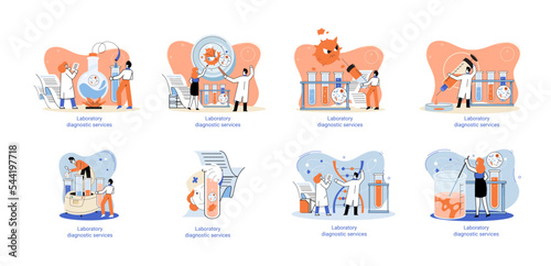 Laboratory diagnostic services metaphor, health indicators research treatment medical examination clinic. Health care and routine survey by doctor. Analyzes prescriptions of medications, lab equipment