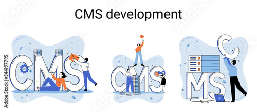 Digital content management system, CMS development software metaphor. Information system or computer program enable organize collaborative process of creating, editing and managing soft in network