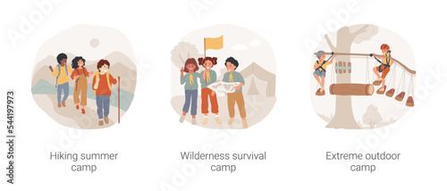 Summer camps for gradeschoolers isolated cartoon vector illustration set. Hiking summer camp, wilderness survival scouts outdoor living program, extreme sport education, vector cartoon.