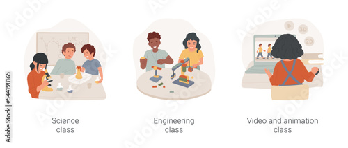 Technology and science for gradeschoolers isolated cartoon vector illustration set. Science and engineering after school classes, video and animation summer camp, PA day program vector cartoon.