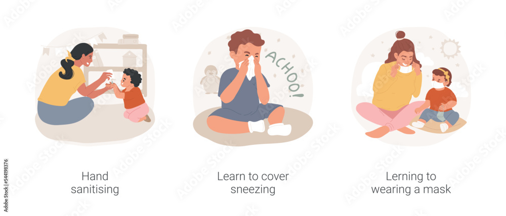 Personal hygiene skills in early education isolated cartoon vector illustration set. Hand sanitising, learn to cover sneezing and wearing a mask, child self-care, protect from virus vector cartoon.