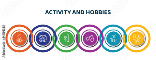 editable thin line icons with infographic template. infographic for activity and hobbies concept. included newspaper readign, aquarium, rappelling, arrest, jumping to the water, diving icons.