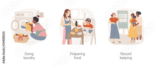 In-home caregivers house chores help isolated cartoon vector illustration set. Doing laundry, preparing food, record keeping, washing baby clothes, help ironing, daycare worksheet vector cartoon.