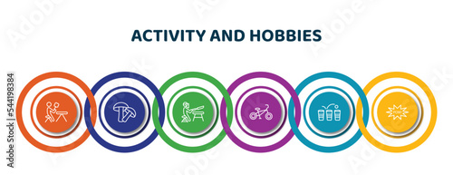 editable thin line icons with infographic template. infographic for activity and hobbies concept. included lace making, mushrooming, knife making, bmx, beer pong, comic icons.