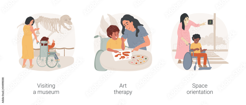 Social skills and inclusion activities isolated cartoon vector illustration set. Visiting a museum, art therapy, space orientation for disabled children, inclusive daycare center vector cartoon.