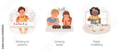 Thinking and learning skills development in daycare isolated cartoon vector illustration set. Working on patterns, growing seeds, paper modelling, drawing and music exercise vector cartoon.