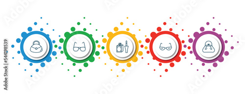 editable thin line icons with infographic template. infographic for woman clothing concept. included hobo shoulder bag, rectangular eyeglasses, liquid eyeliner, cat eyes glasses, female black