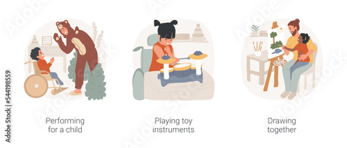 Developmental activities in special childcare isolated cartoon vector illustration set. Performing for a disabled child, playing toy instruments, drawing together, inclusivity vector cartoon.