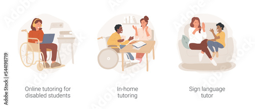 Special needs students tutoring isolated cartoon vector illustration set. Online tutoring for disabled students, in-home education, sign language teaching, video conference vector cartoon.