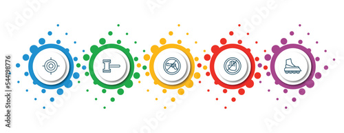 editable thin line icons with infographic template. infographic for weapons concept. included shooting target, thor hammer, no shooting, no arms, boarding icons.