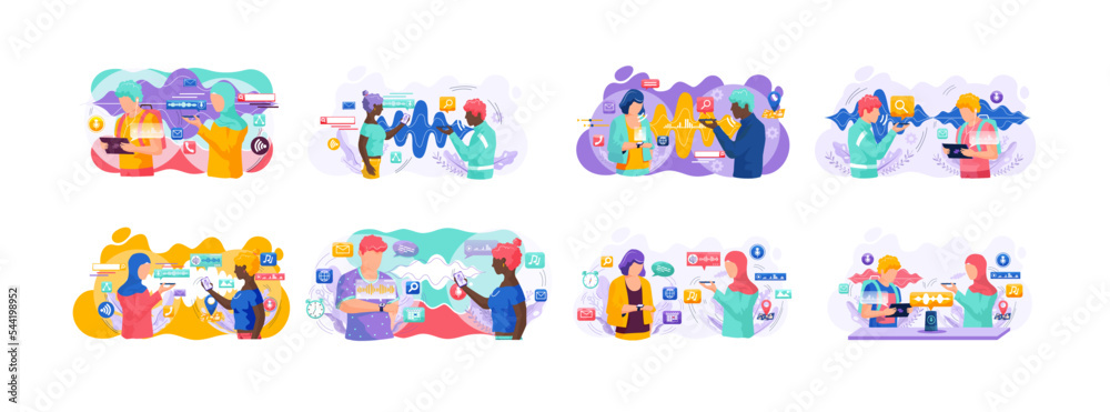 Fototapeta premium Voice assistant. Smart speaker virtual assistant, sound robot, people using voice controlled smart speaker. Voice activate digital assistant identification control contactless mobile device microphone