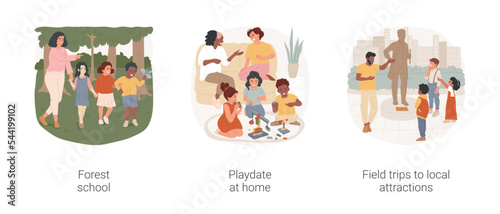 Real life socialization of homeschoolers isolated cartoon vector illustration set. Forest school, playdate at home, field trips to local attractions, explore nature, monument vector cartoon.