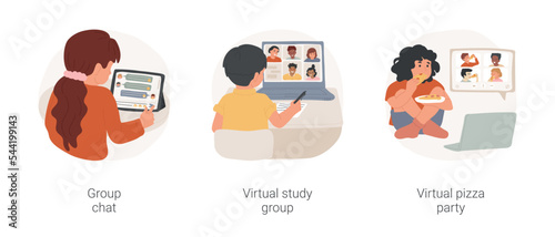 Socialization in online public school isolated cartoon vector illustration set. Group chat, virtual study group, online pizza party, class discussion, video chat, virtual meet up vector cartoon.