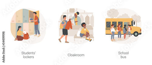 Student life in traditional public school isolated cartoon vector illustration set. Students lockers, student handing coat in cloakroom, yellow school bus at stop, education system vector cartoon.
