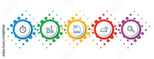 editable thin line icons with infographic template. infographic for user interface concept. included stopwatches, letter i, floppy disk save button, uploading from drive, glass material icons.