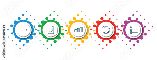 editable thin line icons with infographic template. infographic for user interface concept. included slim right, music file, 3d bars, rotate left, numbering icons.