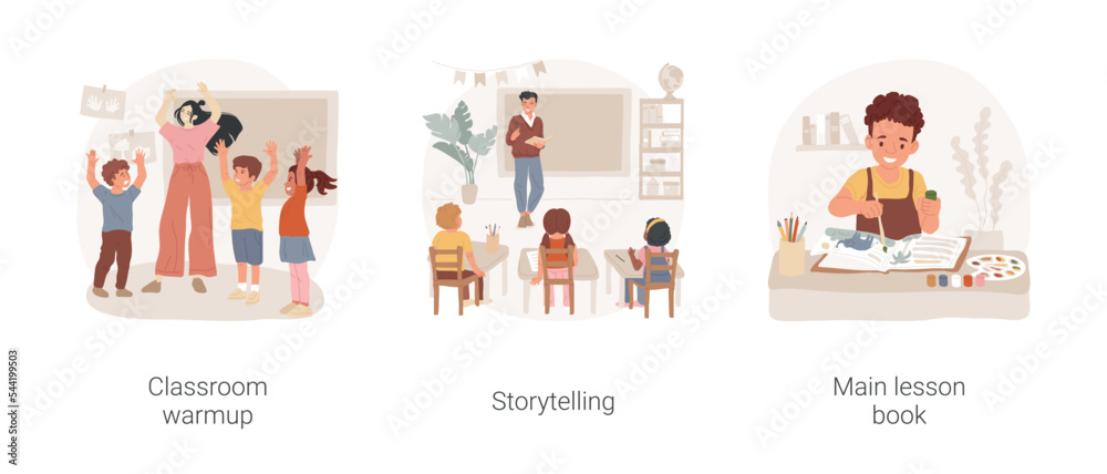 Private Waldorf school isolated cartoon vector illustration set. Classroom warmup, storytelling lecture, main lesson book, holistic curriculum, natural design, art materials vector cartoon.