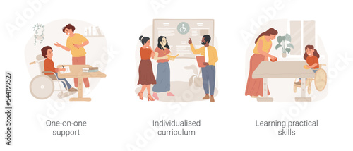 Private special education school isolated cartoon vector illustration set. One-on-one support, individualised curriculum, learning practical skills, classes for disabled children vector cartoon.