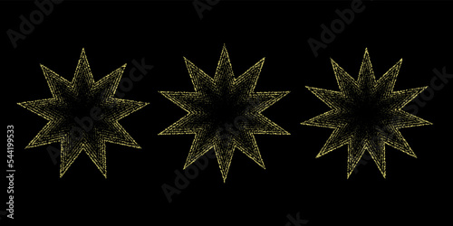 Dotted grain stars set. Shiny stippled shapes collection. Various noise textured asterisks. Different dot work stellar forms. Vector stochastic. 