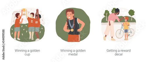 Competitions and awards in school life isolated cartoon vector illustration set. Winning a golden cup, proud student with gold medal, getting a reward decal, sport achievement vector cartoon.