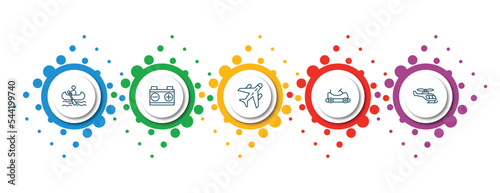editable thin line icons with infographic template. infographic for transport concept. included boating, workshop repair, air transport, go kart, small helicopter icons.