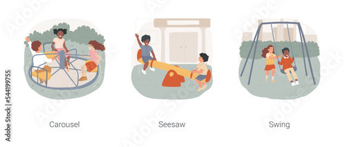 School playground facilities isolated cartoon vector illustration set. Merry-go-round carousel, kids balancing on a seesaw, swing, childhood fun, school break, recess activity vector cartoon.